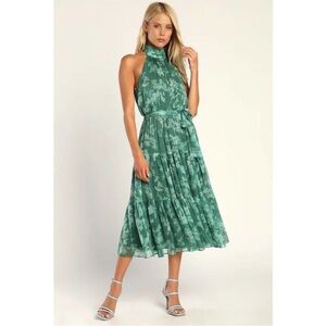 Lulus XS Float To You Green Floral Print Dress Halter Tiered Midi Tie Flowy